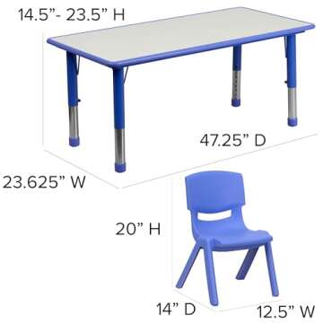 Flash Furniture Emmy Adjustable Classroom Activity Table with 6 Stackable Chairs, Plastic Activity Table for Kids, 23.625" W x 47.25" L, Blue/Gray