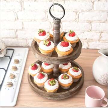 Hallops Wood 2 Tiered Tray | Rustic Farmhouse Decor | Rustic Serving Cake Stand | Galvanized Kitchen...