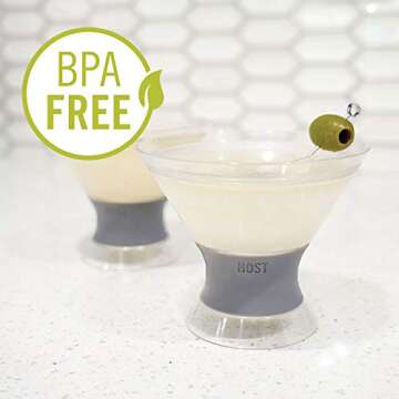 Host Freeze Insulated Martini Cooling Cups, Plastic Freezer Gel Chiller Double Wall Stemless Cocktail Glass Set of 2, 9 oz, Grey