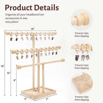 POVETIRE Headband Holder Stand Storage for Baby, 3 Tier Wooden Bow Organizer for Girls Hair Bows, Infant Hair Accessories Rack Display for Nursery Decor