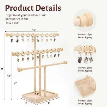 POVETIRE Headband Holder Stand Storage for Baby, 3 Tier Wooden Bow Organizer for Girls Hair Bows, Infant Hair Accessories Rack Display for Nursery Decor