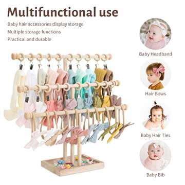 POVETIRE Headband Holder Stand Storage for Baby, 3 Tier Wooden Bow Organizer for Girls Hair Bows, Infant Hair Accessories Rack Display for Nursery Decor