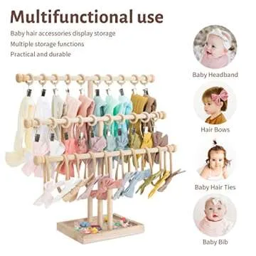 POVETIRE Headband Holder Stand Storage for Baby, 3 Tier Wooden Bow Organizer for Girls Hair Bows, Infant Hair Accessories Rack Display for Nursery Decor