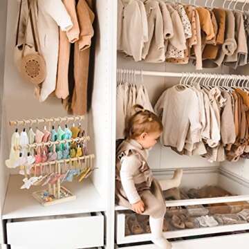 POVETIRE Headband Holder Stand Storage for Baby, 3 Tier Wooden Bow Organizer for Girls Hair Bows, Infant Hair Accessories Rack Display for Nursery Decor