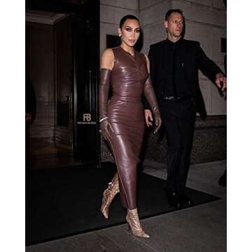 XLLAIS Faux Leather Maxi Dress for Women Sexy O-Neck Tank Bodycon Long Dresses (Brown Small)