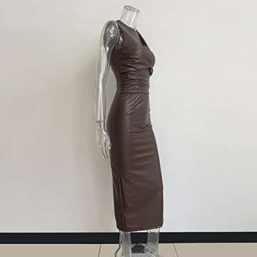 XLLAIS Faux Leather Maxi Dress for Women Sexy O-Neck Tank Bodycon Long Dresses (Brown Small)