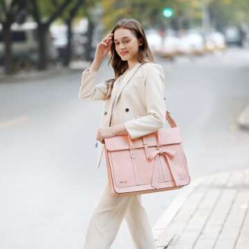 MOSISO Laptop Bag for Women, 15-15.6 inch PU Leather Laptop Shoulder Bag Convertible Backpack, 16 inch Messenger Bag Casual Handbag Work Briefcase Travel Computer Bag with Bowknot, Pink