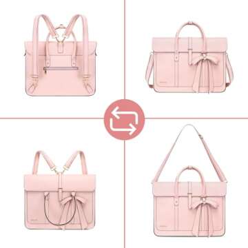 MOSISO Laptop Bag for Women, 15-15.6 inch PU Leather Laptop Shoulder Bag Convertible Backpack, 16 inch Messenger Bag Casual Handbag Work Briefcase Travel Computer Bag with Bowknot, Pink