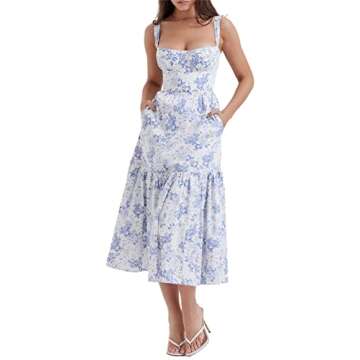 Sunloudy Women Low Back Maxi Dress Spaghetti Strap Floral Print Bodycon Backless Long Dress Cocktail Party Club Dress(Blue d,Small)