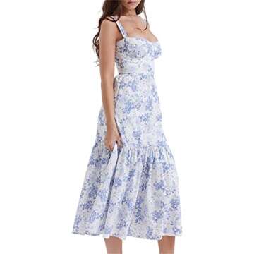 Sunloudy Women Low Back Maxi Dress Spaghetti Strap Floral Print Bodycon Backless Long Dress Cocktail Party Club Dress(Blue d,Small)