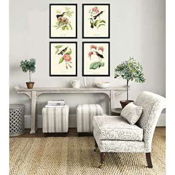 Hummingbirds Botanical Wall Art Home Decor Print Set of 4 Pink Green Antique Beautiful Tripical Birds Flowers Plants Illustration Home Room Decor Wall Art Unframed LoveThePrint
