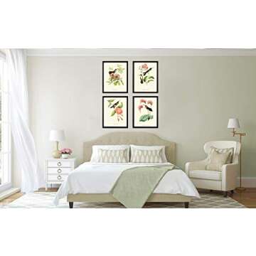 Hummingbirds Botanical Wall Art Home Decor Print Set of 4 Pink Green Antique Beautiful Tripical Birds Flowers Plants Illustration Home Room Decor Wall Art Unframed LoveThePrint