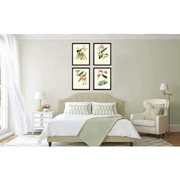 Hummingbirds Botanical Wall Art Home Decor Print Set of 4 Pink Green Antique Beautiful Tripical Birds Flowers Plants Illustration Home Room Decor Wall Art Unframed LoveThePrint