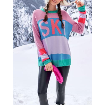 Saodimallsu Womens Color Block Oversized Sweater Ski Print Fall Trendy Crew Neck Long Sleeve Pullover Sweaters Knit Tops Pink