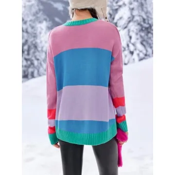 Saodimallsu Womens Color Block Oversized Sweater Ski Print Fall Trendy Crew Neck Long Sleeve Pullover Sweaters Knit Tops Pink