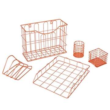 Superbpag Rose Gold Office Supplies 5 in 1 Desk Organizer Set - Hanging File Organizer, File Tray, Letter Sorter, Pencil Holder and Stick Note Holder