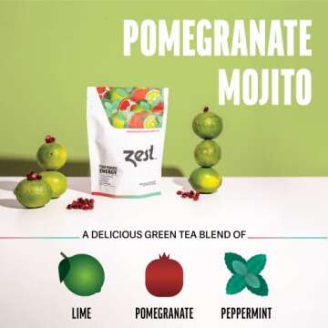 Zest 135mg High Caffeine Energy Loose Leaf Blend - Pomegranate Mojito Green Tea - 4 Oz - All Natural Strong Flavored Healthy Coffee Alternative Highly Caffeinated Substitute - Perfect for Keto