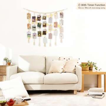 Mkono Macrame Hanging Photo Display Wall Decor with String Lights, Boho Wooden Beads Garland Collage...