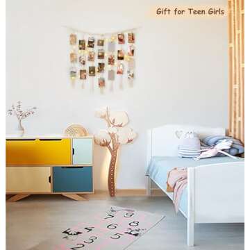 Mkono Macrame Hanging Photo Display Wall Decor with String Lights, Boho Wooden Beads Garland Collage Picture Card Frame Holder with 45 Clips for Bedroom Living Room Dorm, Teen Girls Christmas Gifts