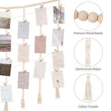 Mkono Macrame Hanging Photo Display Wall Decor with String Lights, Boho Wooden Beads Garland Collage Picture Card Frame Holder with 45 Clips for Bedroom Living Room Dorm, Teen Girls Christmas Gifts
