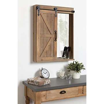 Kate and Laurel Cates Decorative Wood Wall Storage Cabinet with Rectangle Mirror and Sliding Barn Do...
