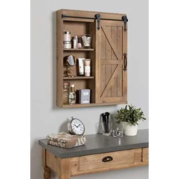 Kate and Laurel Cates Decorative Wood Wall Storage Cabinet with Rectangle Mirror and Sliding Barn Door, 22 x 28, Rustic Brown, Farmhouse Decor for Wall Storage
