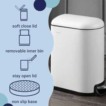 happimess HPM1010C Roland 10.6-Gallon Step-Open Trash Can with Soft-Close Lid, Modern, Minimalistic, Fingerprint Proof for Home, Kitchen, Laundry Room, Office, Bedroom, Bathroom, White