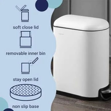 happimess HPM1010C Roland 10.6-Gallon Step-Open Trash Can with Soft-Close Lid, Modern, Minimalistic, Fingerprint Proof for Home, Kitchen, Laundry Room, Office, Bedroom, Bathroom, White