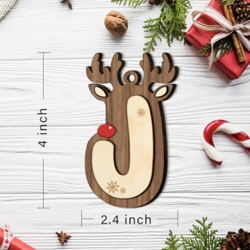 Christmas Wooden Reindeer Letter Ornaments - Natural Wood Alphabet Hanging Decor with Jute String, D...