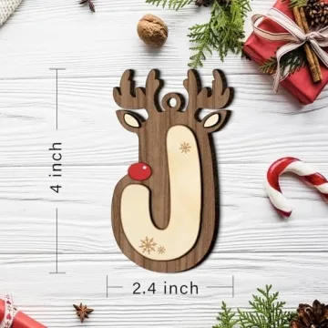Christmas Wooden Reindeer Letter Ornaments - Natural Wood Alphabet Hanging Decor with Jute String, D...