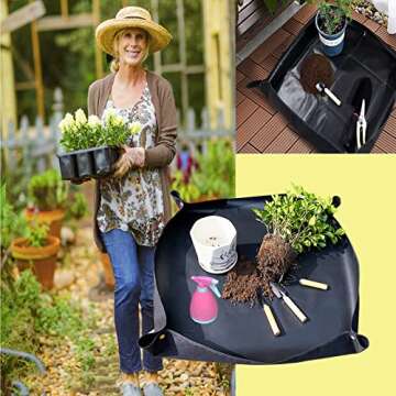 BIUWING 39.4" x 39.4" Plant Repotting Mat, Large Foldable Gardening Mat, Waterproof Transplanting Potting Mat Indoor Outdoor, with 15 Pieces Pot Hole Mesh Pads (1mat+15pads（Black）)