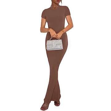 REORIA Women's Summer Sexy Casual Lounge Long Dress Elegant Wedding Guest Short Sleeve Crew Neck Bodycon Maxi Dresses Coffee Small