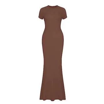 REORIA Women's Summer Sexy Casual Lounge Long Dress Elegant Wedding Guest Short Sleeve Crew Neck Bodycon Maxi Dresses Coffee Small