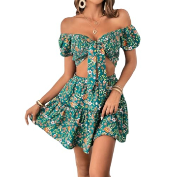 MakeMeChic Women's Boho Floral Print 2 Piece Set - Off Shoulder Crop Top & Tiered Skirt