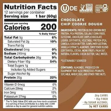 No Cow High Protein Bars, Chocolate Chip Cookie Dough - Healthy Snacks, 20g Vegan Protein, High Fiber, Low Sugar, Keto Friendly, Dairy & Gluten Free (12 Count)