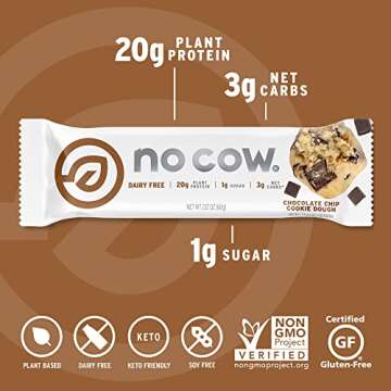 No Cow High Protein Bars, Chocolate Chip Cookie Dough - Healthy Snacks, 20g Vegan Protein, High Fiber, Low Sugar, Keto Friendly, Dairy & Gluten Free (12 Count)
