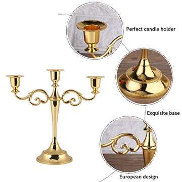 Hilitand 3 Arms Metal Candle Holder European Candelabra Wedding Candlestick Home Decor (Gold)