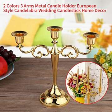 Hilitand 3 Arms Metal Candle Holder European Candelabra Wedding Candlestick Home Decor (Gold)
