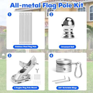 Anovo Flag Pole Kit- Stainless Steel Flag Poles with1 Inch Metal 360° Rotating Flag Pole Rings Clips, Two-Position Flag Pole Holder Brackets Mounting for Outside House Outdoor Porch (6 FT - Sliver)