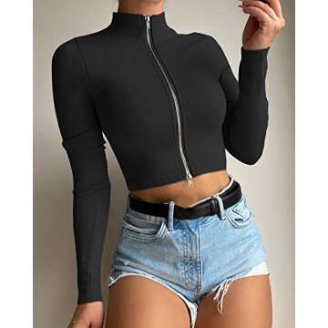 Artfish Women Long Sleeve Turtleneck Ribbed Crop Top Zipper Sexy Cropped Fitted Shirts Black, S