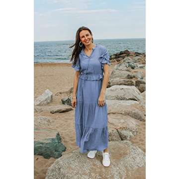 PRETTYGARDEN Womens Summer Boho Maxi Dress Short Sleeve V Neck Ruffle Trim High Waisted Tiered Party Flowy Long Dresses 2023