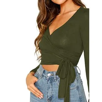Floerns Women's Long Sleeve Deep V Neck Surplice Wrap Knot Crop Tee Dark Green S