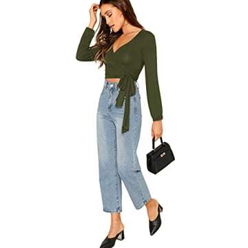 Floerns Women's Long Sleeve Deep V Neck Surplice Wrap Knot Crop Tee Dark Green S