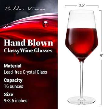 Bella Vino Italian Red Wine Glasses 15.5 Ounce 9.1'', Laser Cut Rim For Wine Tasting, Lead-Free Cups...