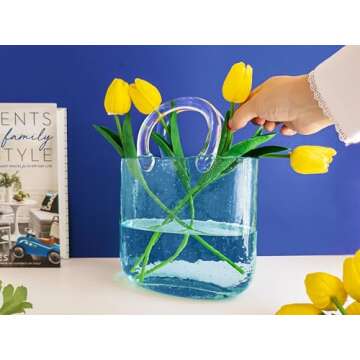 OLEEK Purse vases for Flowers (Handmade) Glass Bag vase -10 Inches- Blue vase for centerpieces & Fish Bowl - Handbag Unique Flower vase Decorative - Glass Handbag vase for Cute Room Decor