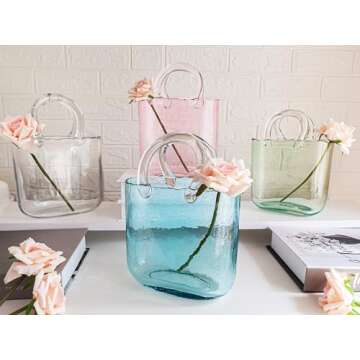 OLEEK Purse vases for Flowers (Handmade) Glass Bag vase -10 Inches- Blue vase for centerpieces & Fish Bowl - Handbag Unique Flower vase Decorative - Glass Handbag vase for Cute Room Decor