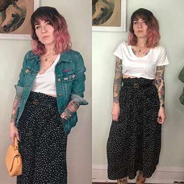 EXLURA Womens High Waist Polka Dot Pleated Skirt Midi Swing Skirt with Pockets Black