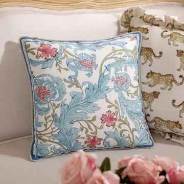 patdrea Designer Throw Pillow Covers for Couch 18"x18",Vintage French Linen Pillows Cover with Blue Floral Pattern,Fall Luxury Farmhouse Decorative Pillowcases for Bed Living Room Outdoor Set of 2