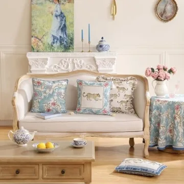 patdrea Designer Throw Pillow Covers for Couch 18"x18",Vintage French Linen Pillows Cover with Blue Floral Pattern,Fall Luxury Farmhouse Decorative Pillowcases for Bed Living Room Outdoor Set of 2