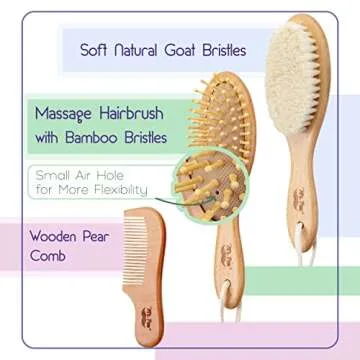 Mr. Pen- Baby Brush and Comb Set, 3Pcs, Wooden, Baby Hair Brush, Cradle Cap Brush, Baby Brush Set fo...